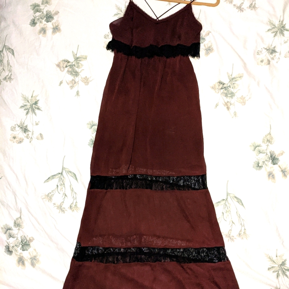 H&M Burgundy Bohemian Maxi Dress with Black Lace